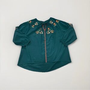 Plus Size Benares Floral Embroidered Teal Boho Jewel Toned Puff Sleeve Blouse 1X